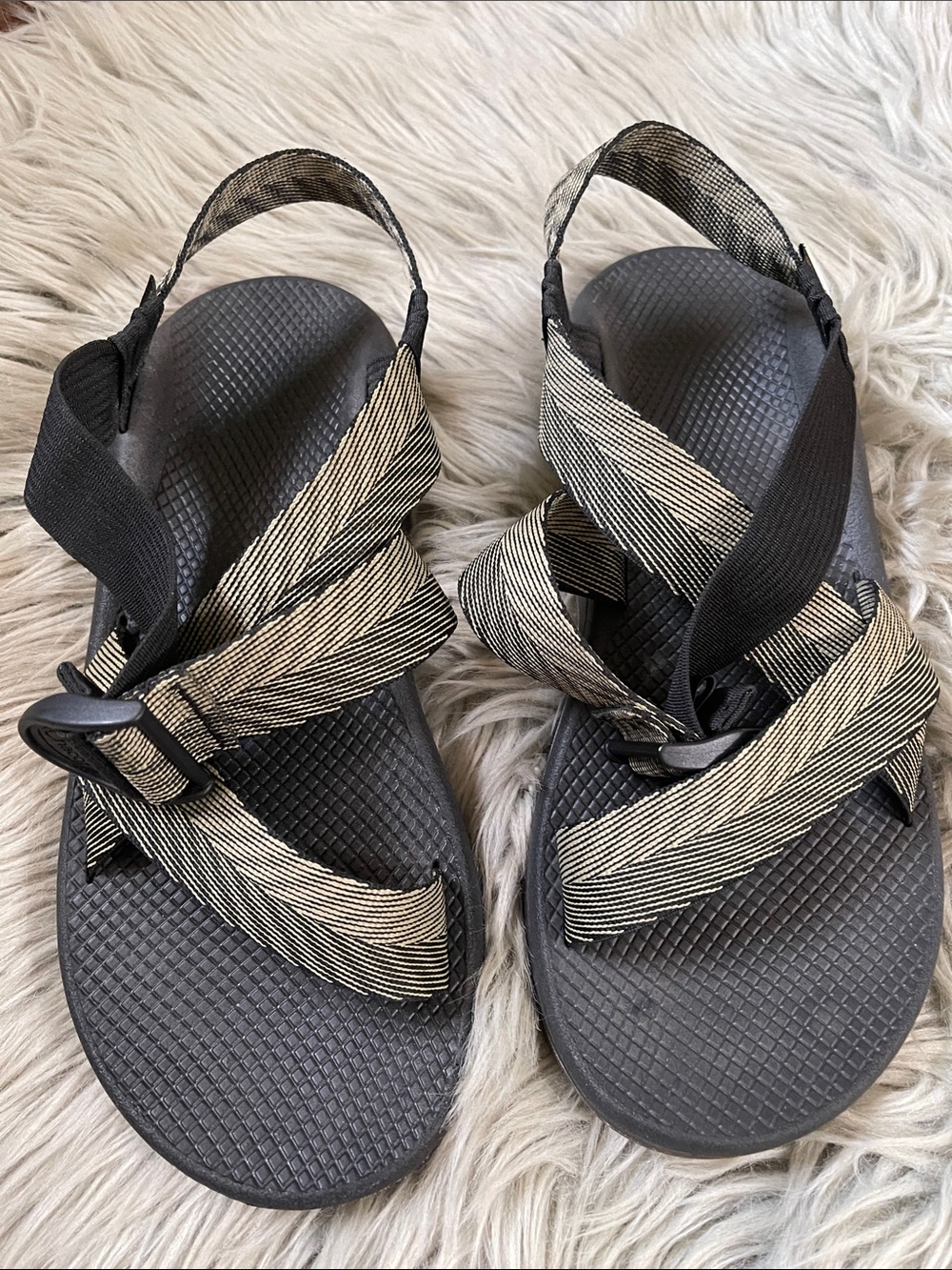 Chaco Black Sandals with Tan-Striped Webbing - Picture 2 of 7